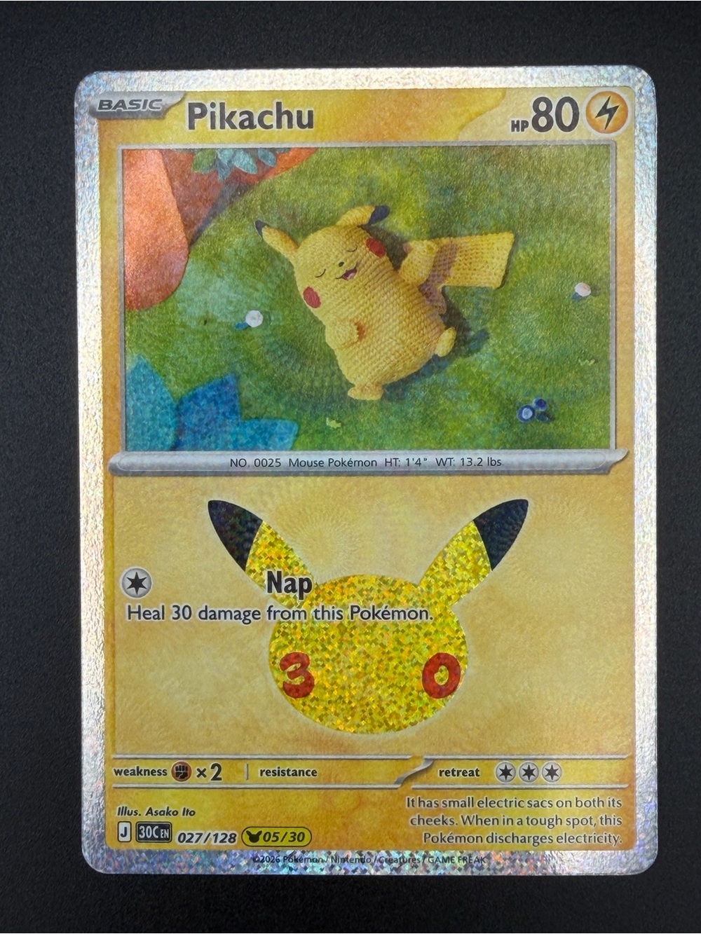 Pokemon TCG 30th Celebration Pikachu Holo Rare Card 027/128